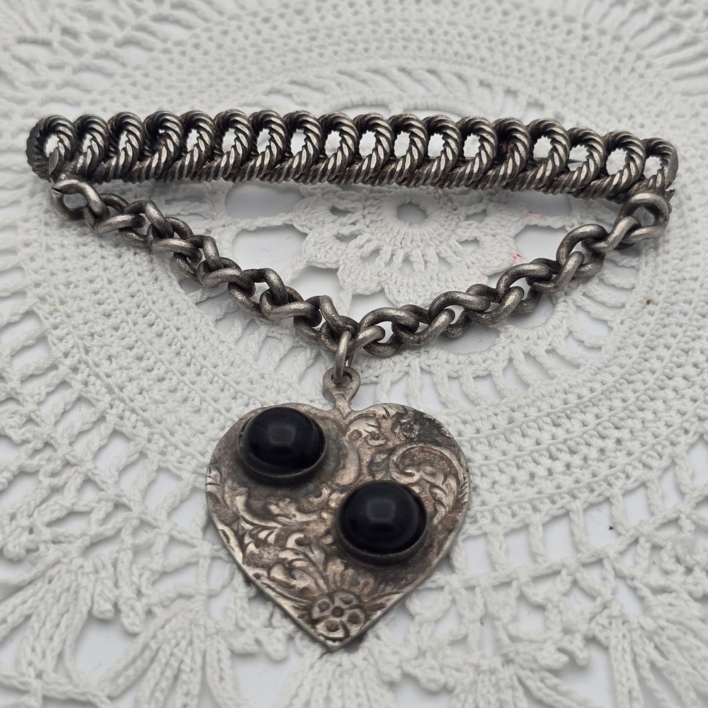 Vintage Heart Brooch Silver Tone Black Cabochon Repousse Floral Chain Bar Pin